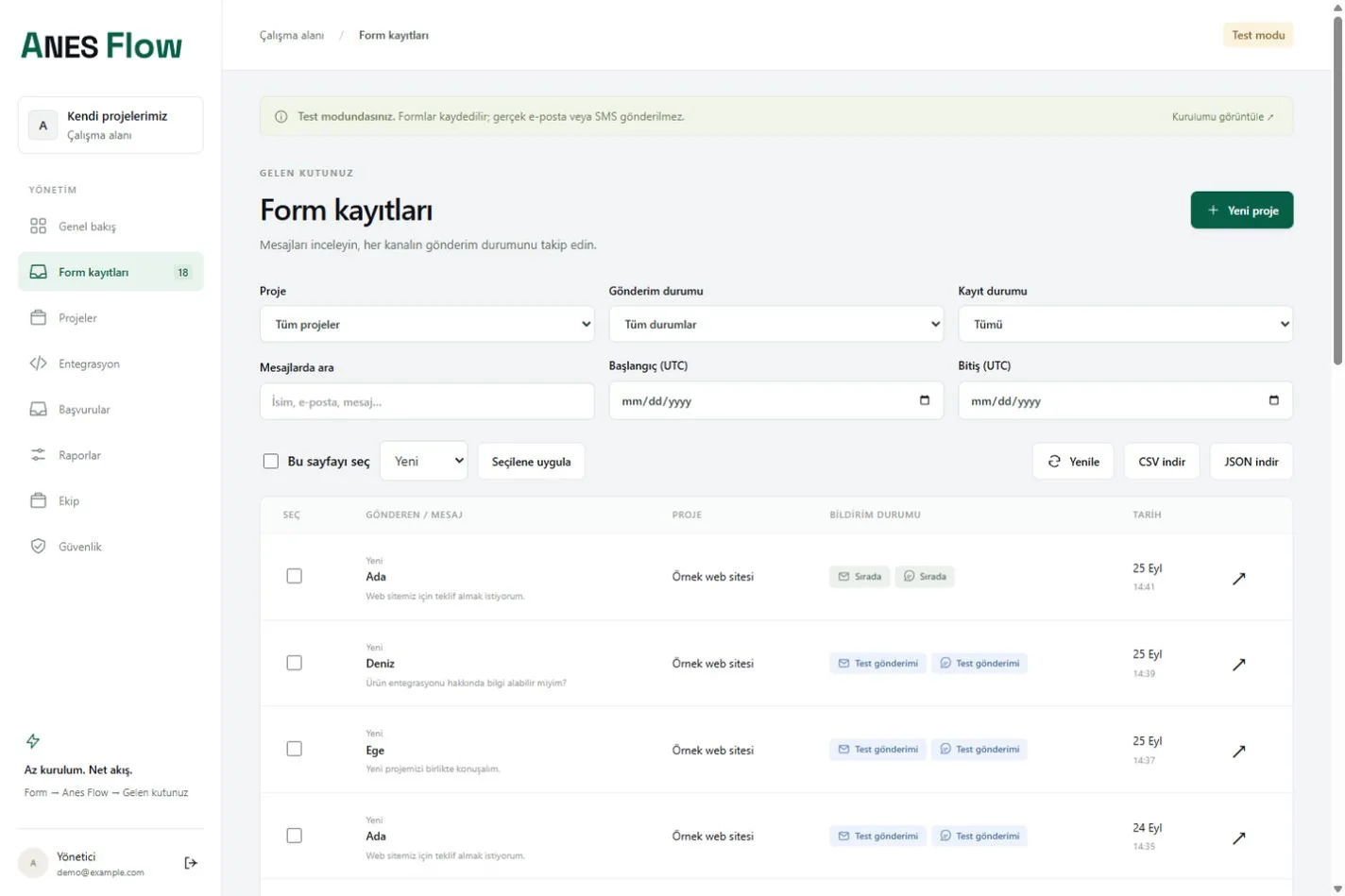 ANES Flow paneli: örnek projeden gelen form kayıtları, her kaydın e-posta ve SMS bildirim durumu