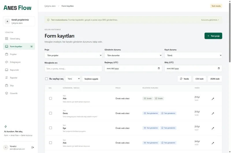 ANES Flow paneli: örnek projeden gelen form kayıtları, her kaydın e-posta ve SMS bildirim durumu
